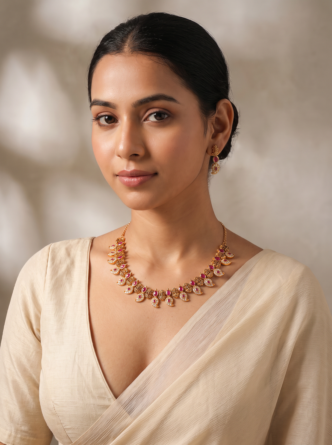 Antique Gold Plated Pink Stone Mango Temple Necklace Jewellery Set