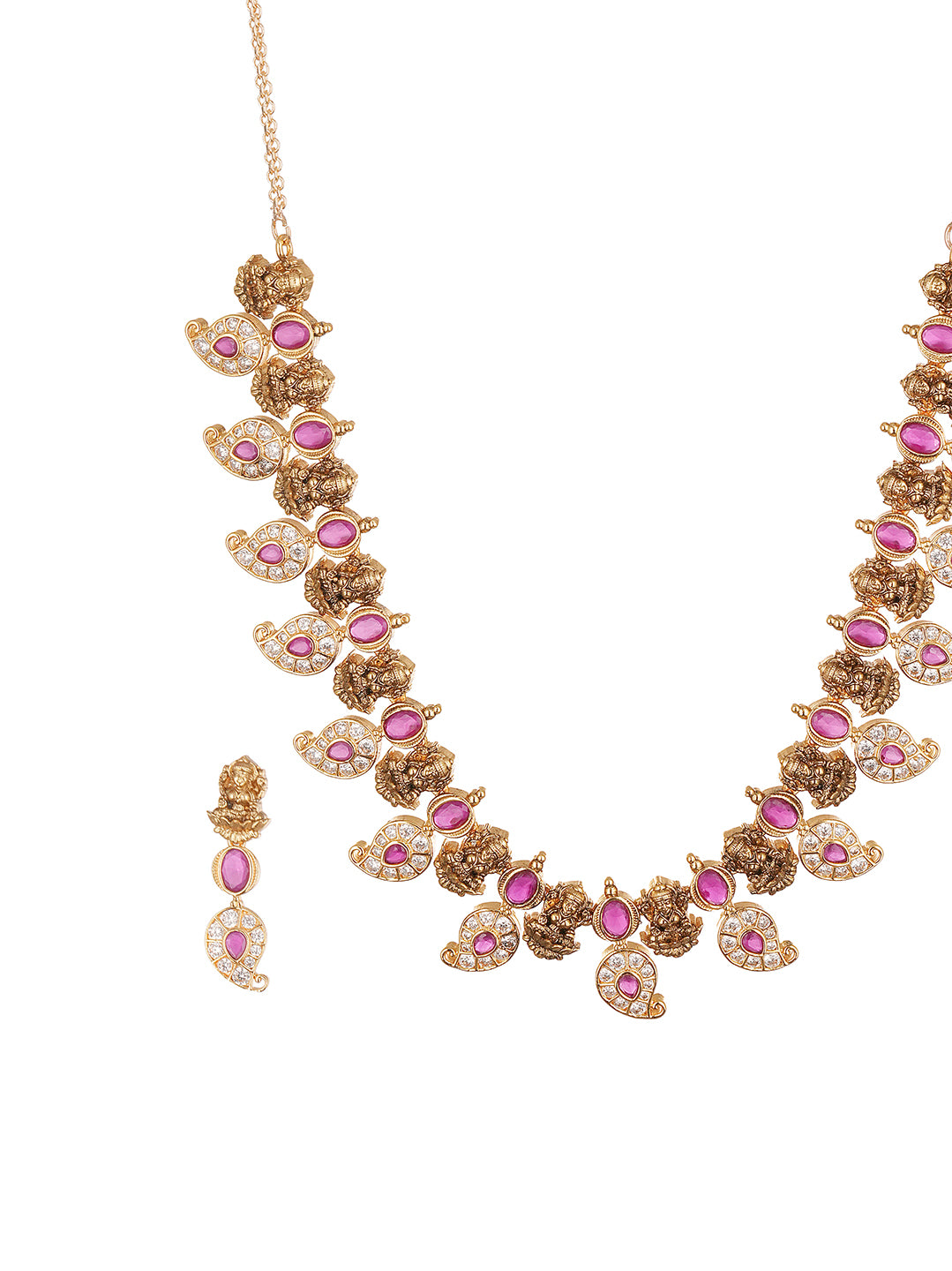 Antique Gold Plated Pink Stone Mango Temple Necklace Jewellery Set