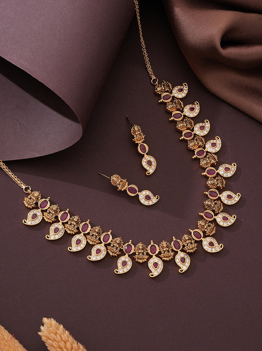 Antique Gold Plated Pink Stone Mango Temple Necklace Jewellery Set