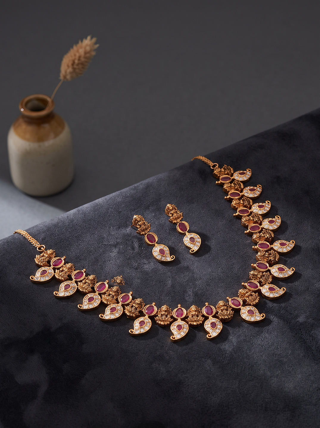 Antique Gold Plated Pink Stone Mango Temple Necklace Jewellery Set