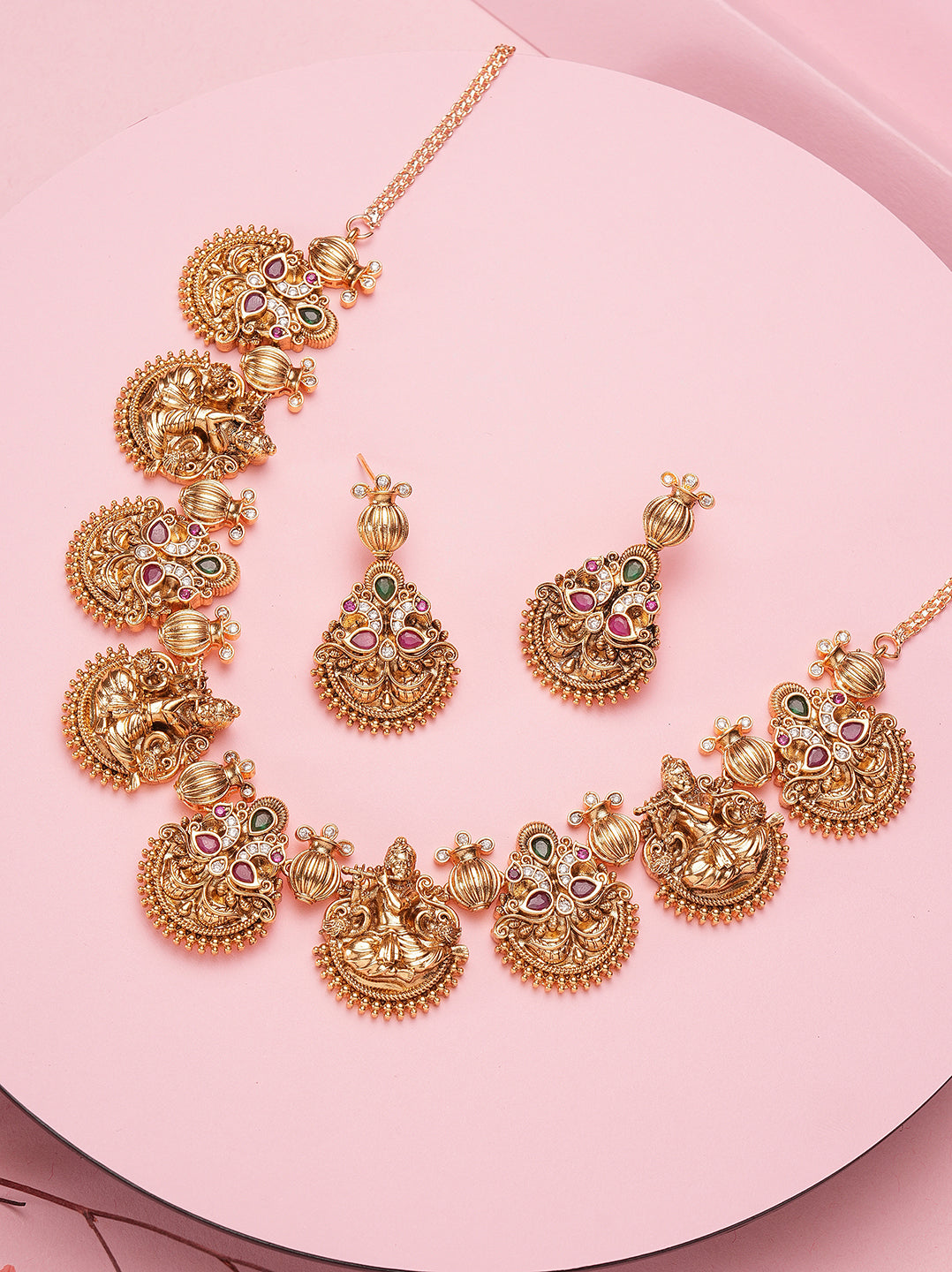 Antique gold multicolour stone Lakshmi coin temple necklace set