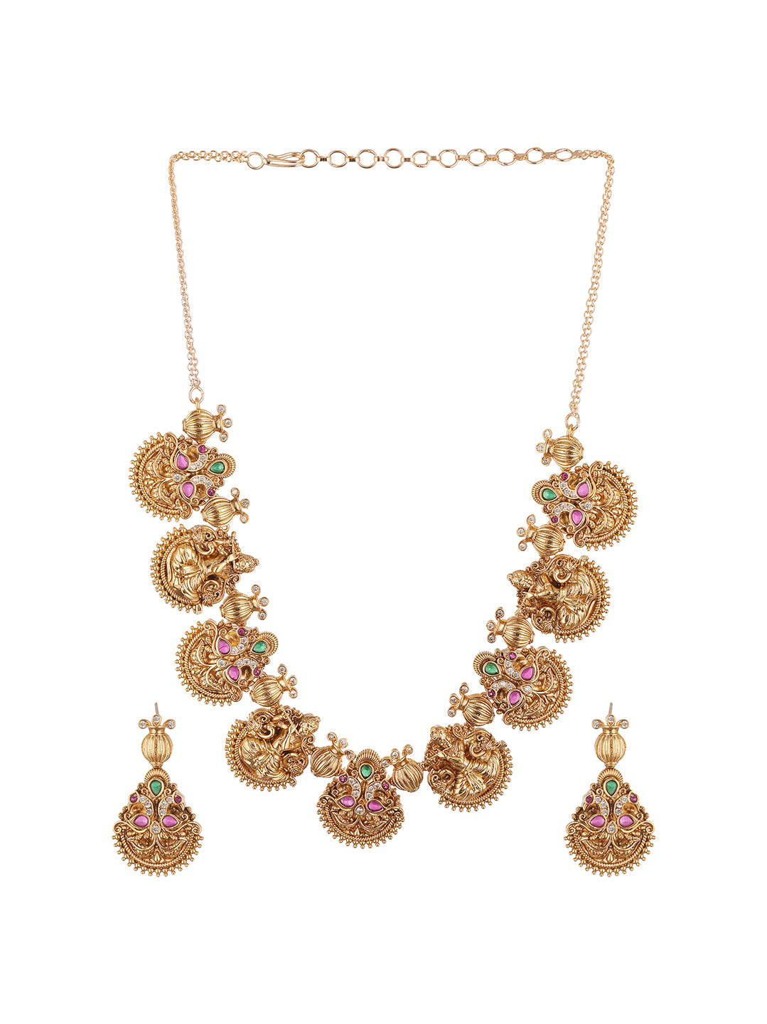 Antique Gold Plated Multicolour Stone Lakshmi Coin Temple Necklace Set