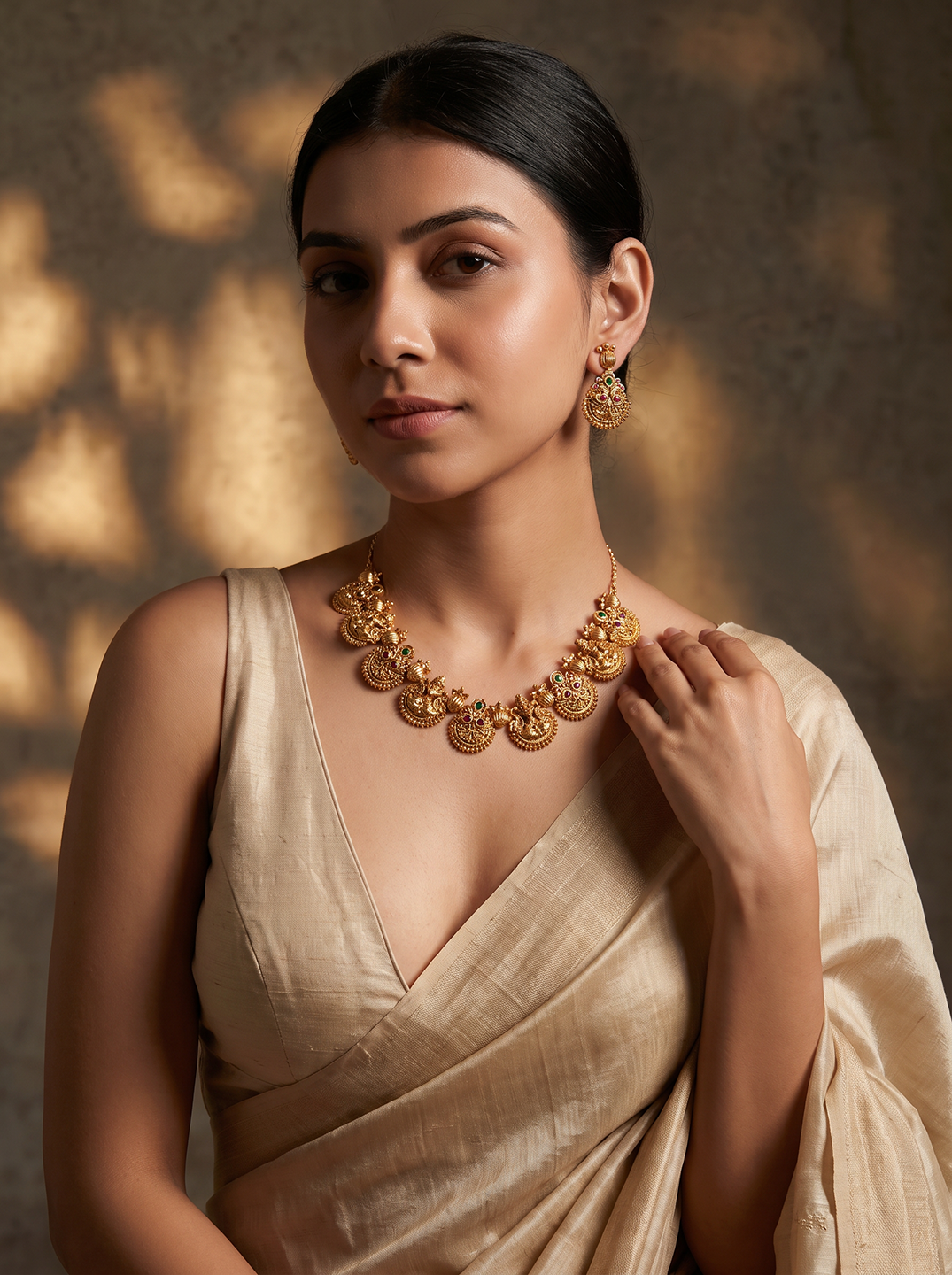 Antique Gold Plated Multicolour Stone Lakshmi Coin Temple Necklace Set