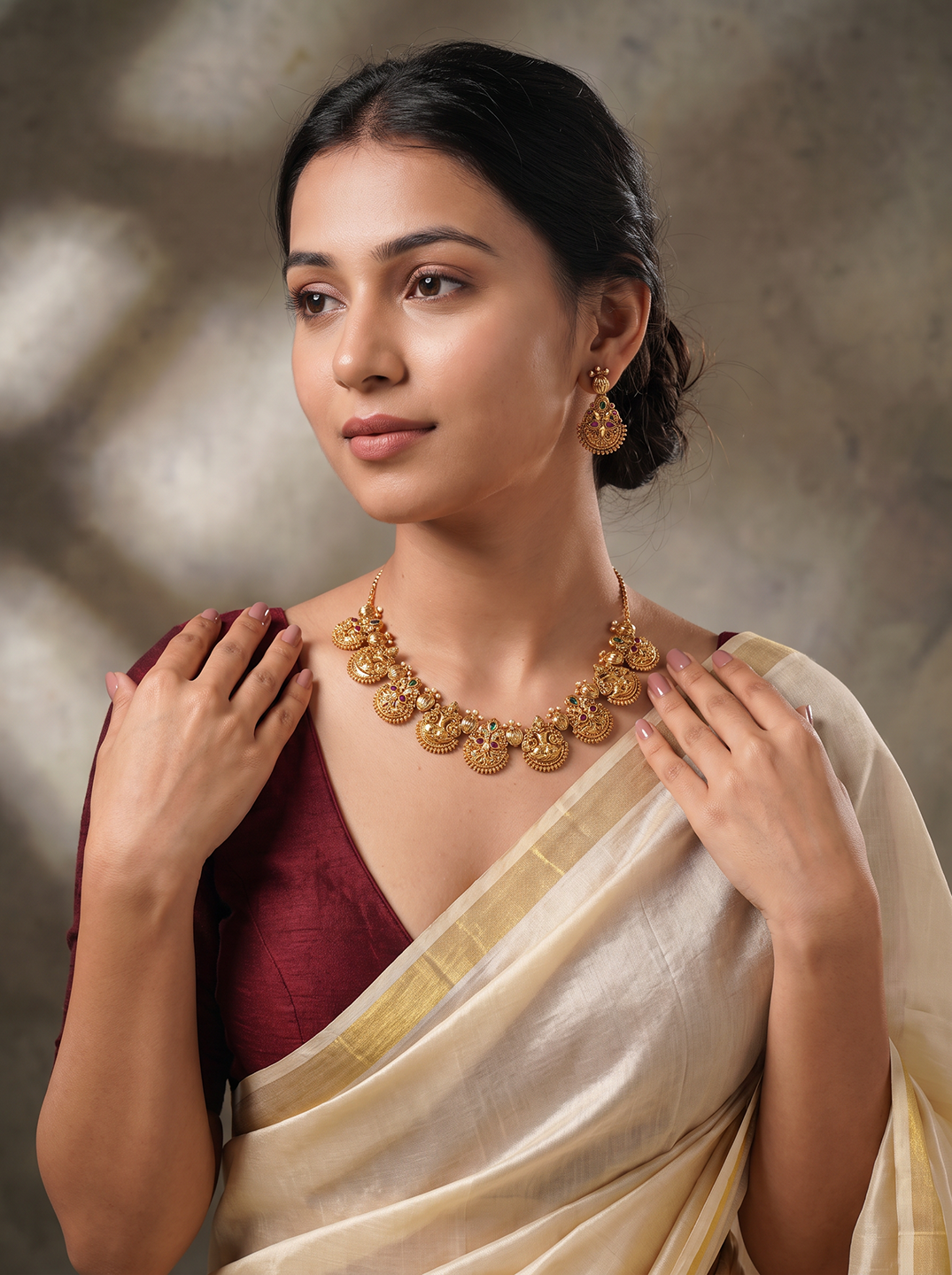 Antique Gold Plated Multicolour Stone Lakshmi Coin Temple Necklace Set