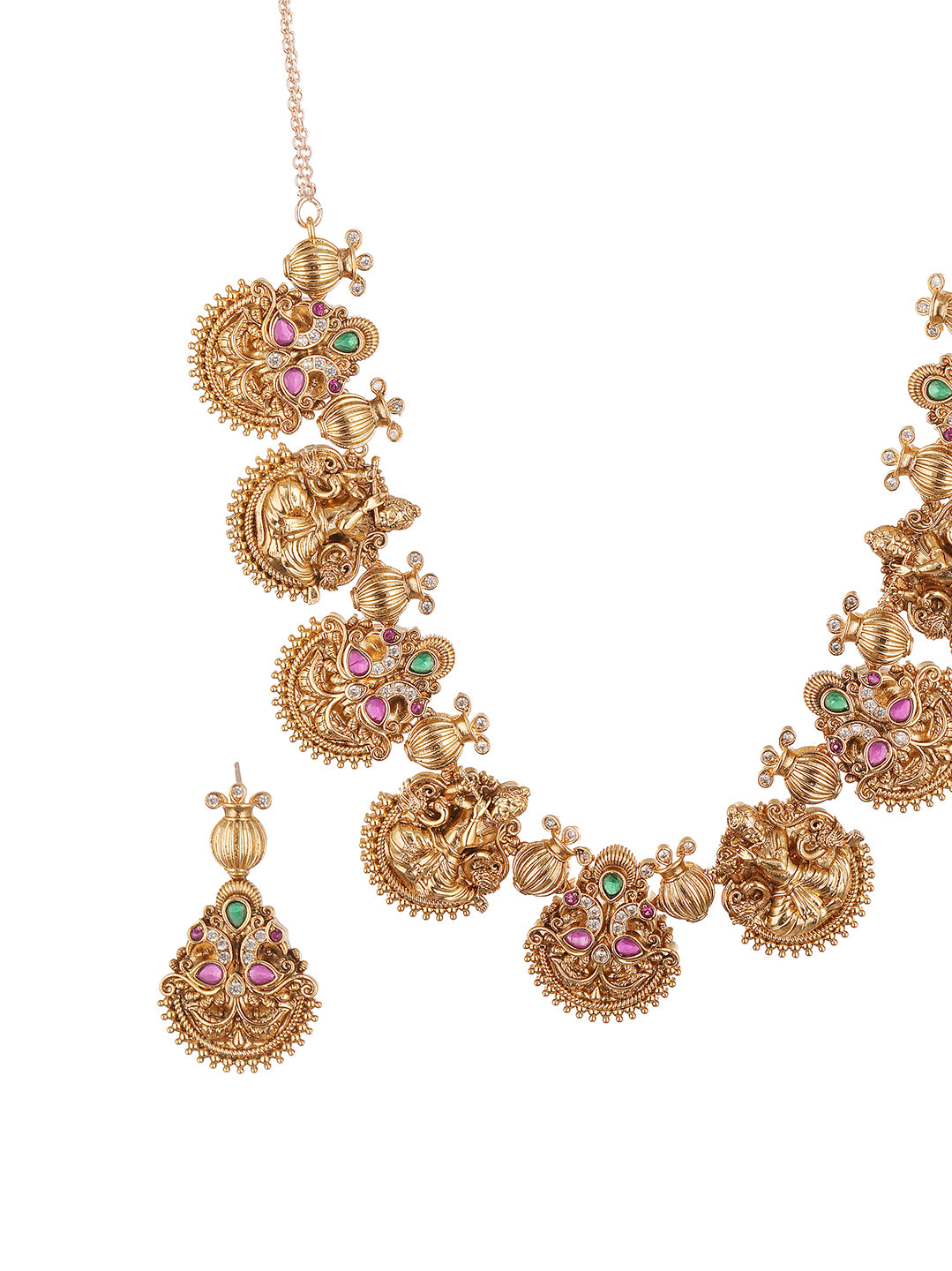 Antique Gold Plated Multicolour Stone Lakshmi Coin Temple Necklace Set