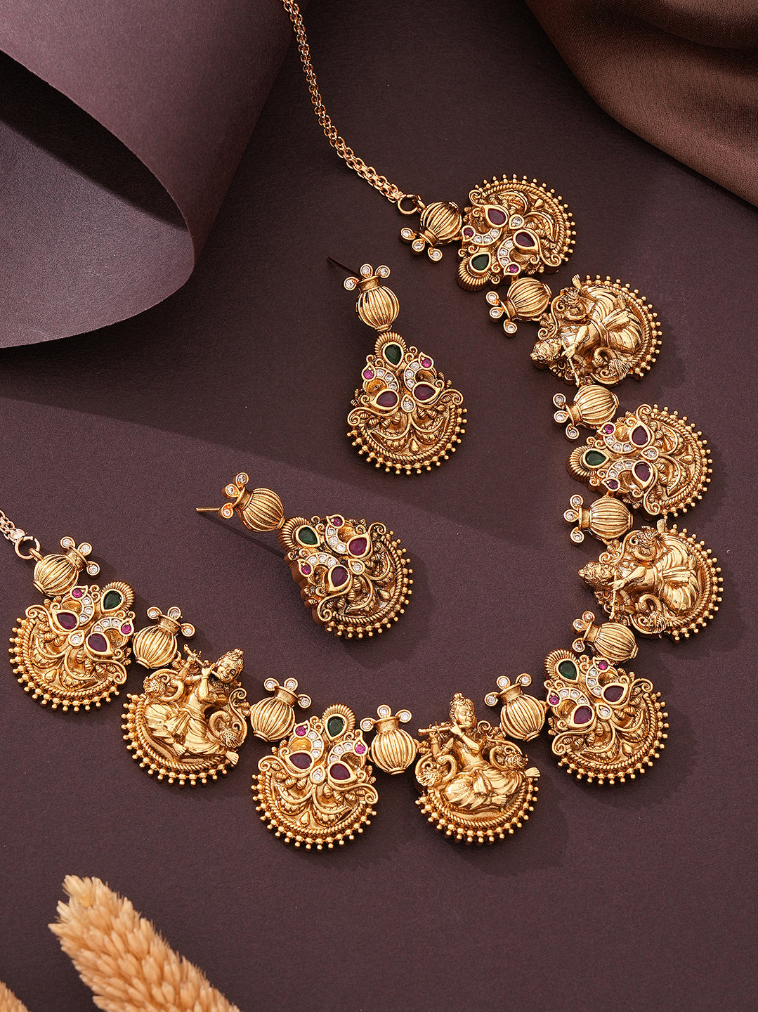Antique Gold Plated Multicolour Stone Lakshmi Coin Temple Necklace Set