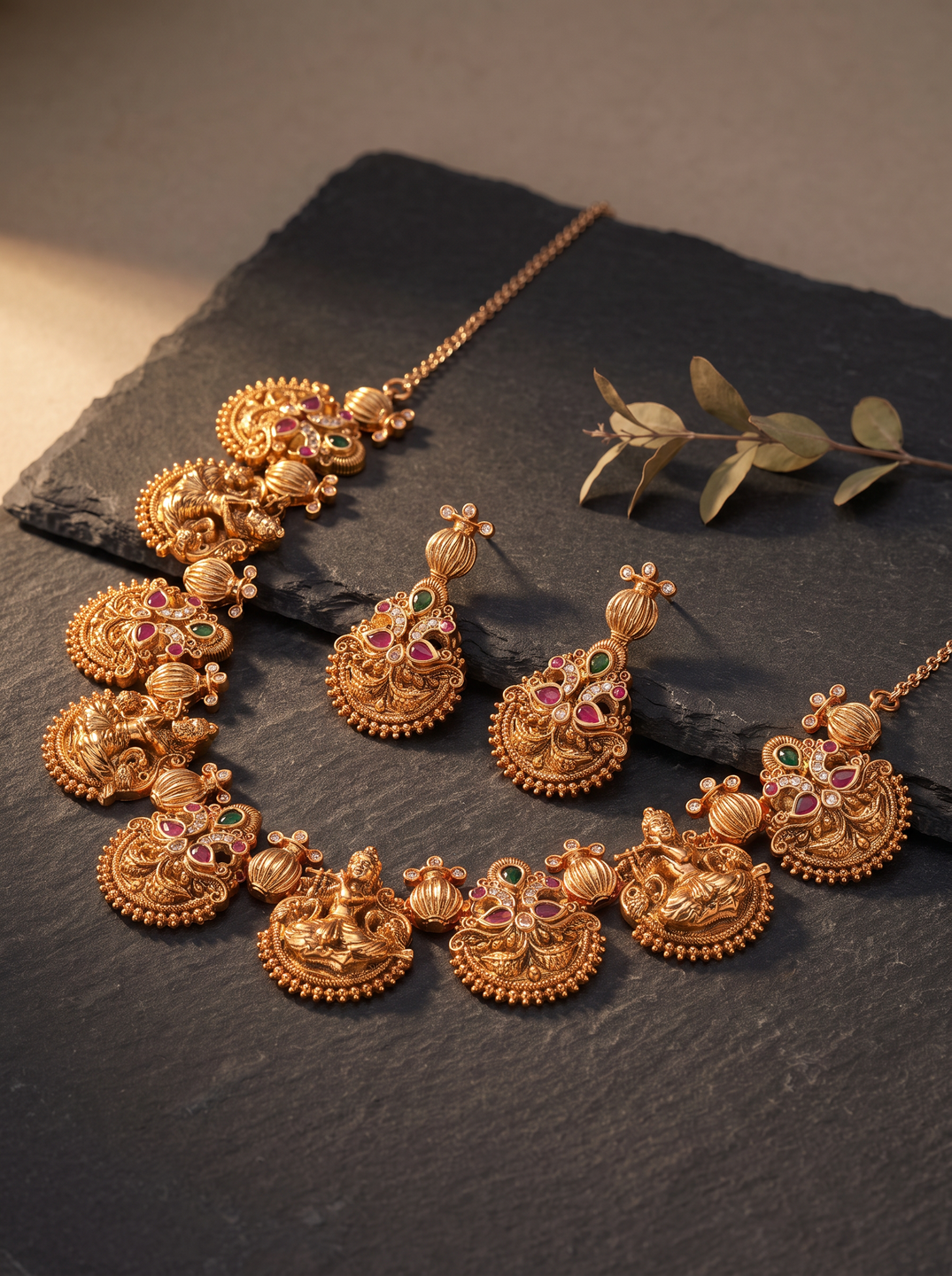 Antique Gold Plated Multicolour Stone Lakshmi Coin Temple Necklace Set