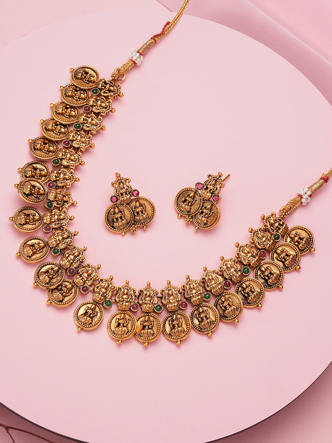 Antique gold Lakshmi coin temple necklace set with adjustable dori