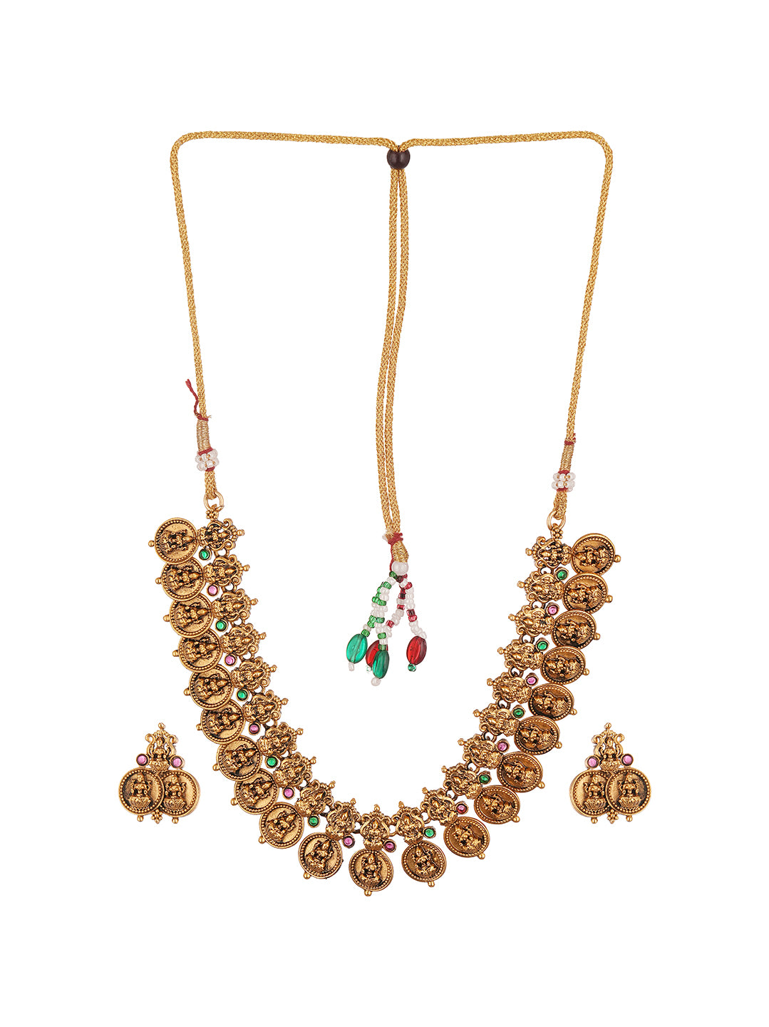 Antique Gold Plated Lakshmi Coin Temple Necklace Set with Adjustable Dori
