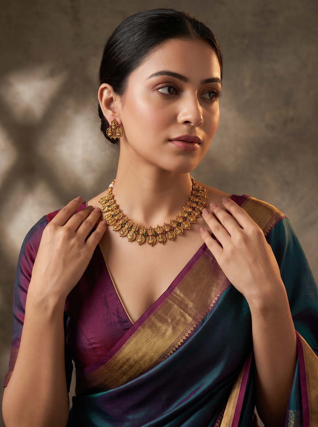 Antique Gold Plated Lakshmi Coin Temple Necklace Set with Adjustable Dori