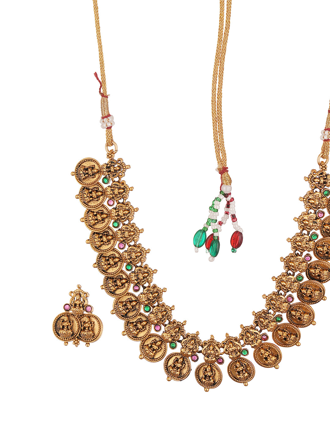 Antique Gold Plated Lakshmi Coin Temple Necklace Set with Adjustable Dori