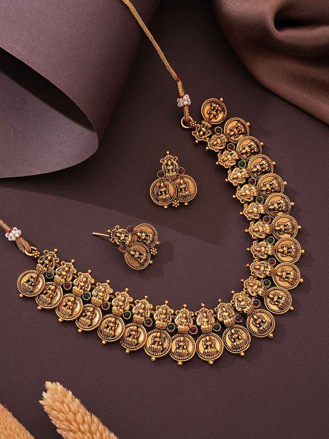Antique Gold Plated Lakshmi Coin Temple Necklace Set with Adjustable Dori