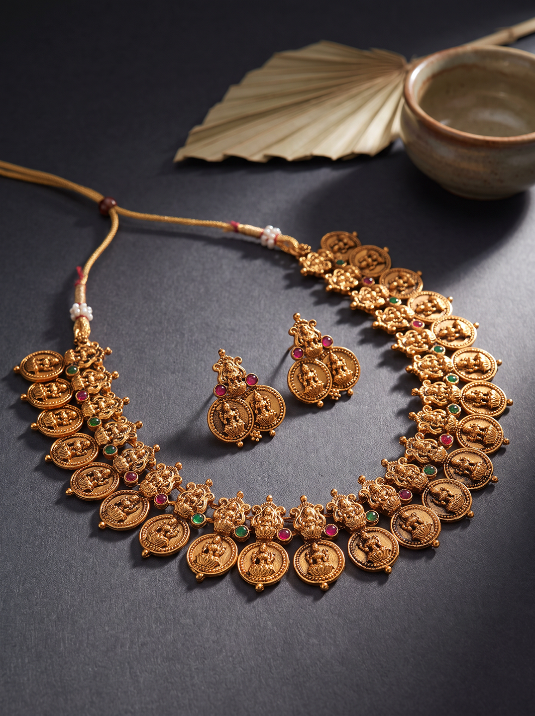 Antique Gold Plated Lakshmi Coin Temple Necklace Set with Adjustable Dori