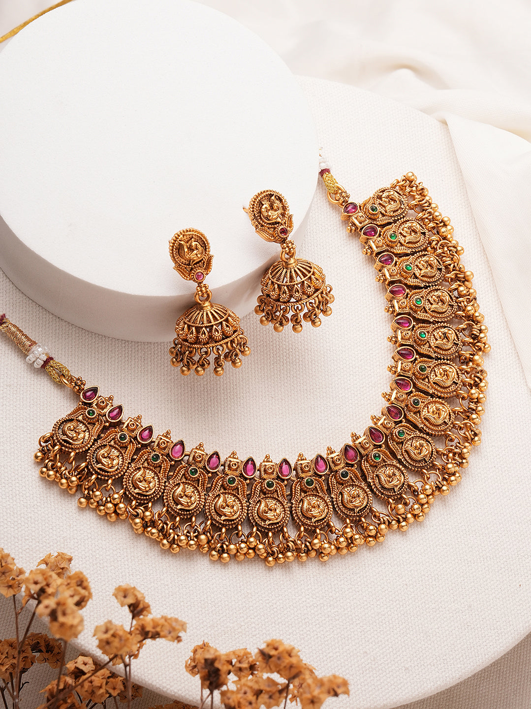 Antique gold ruby stone temple choker necklace set with jhumka earrings