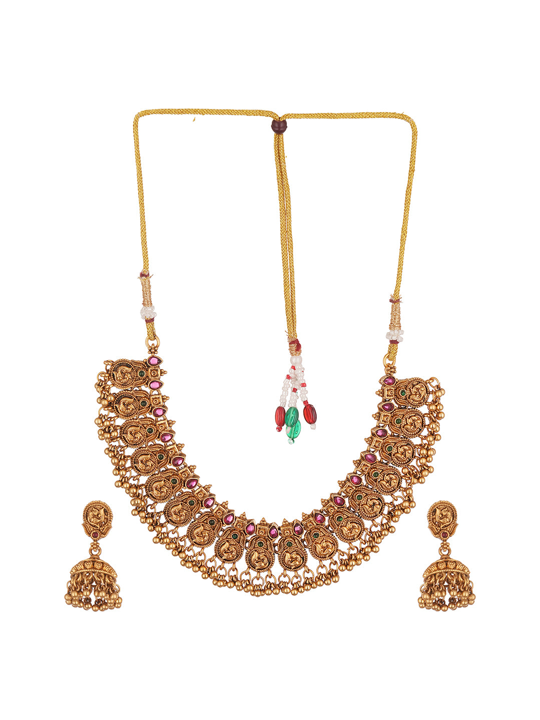 Antique Gold Plated Ruby Stone Temple Choker Necklace Set with Jhumka Earrings