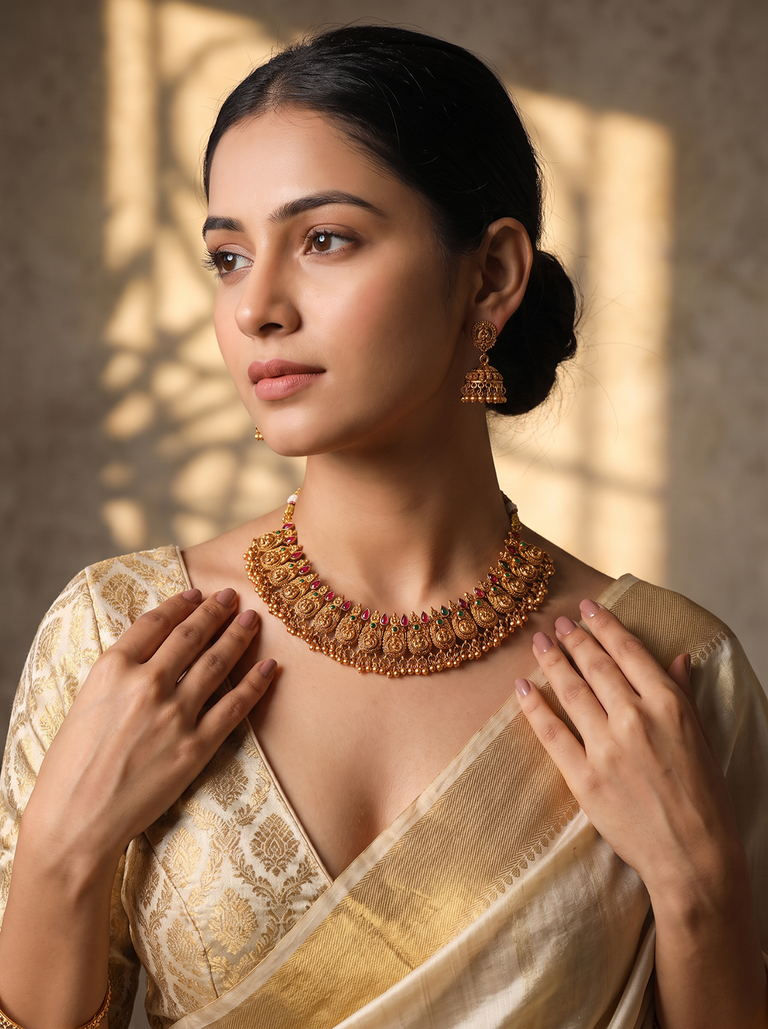 Antique Gold Plated Ruby Stone Temple Choker Necklace Set with Jhumka Earrings