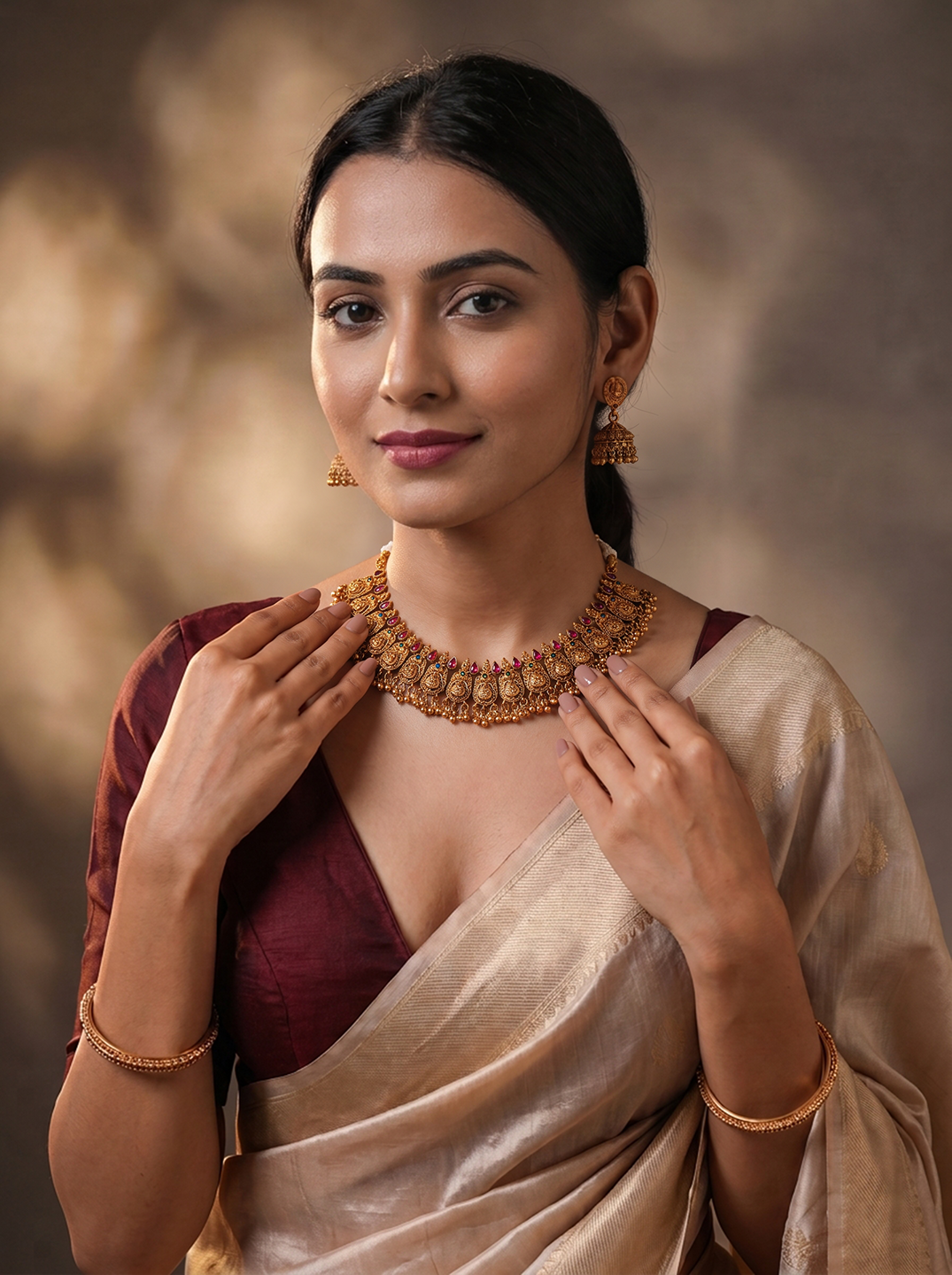 Antique Gold Plated Ruby Stone Temple Choker Necklace Set with Jhumka Earrings