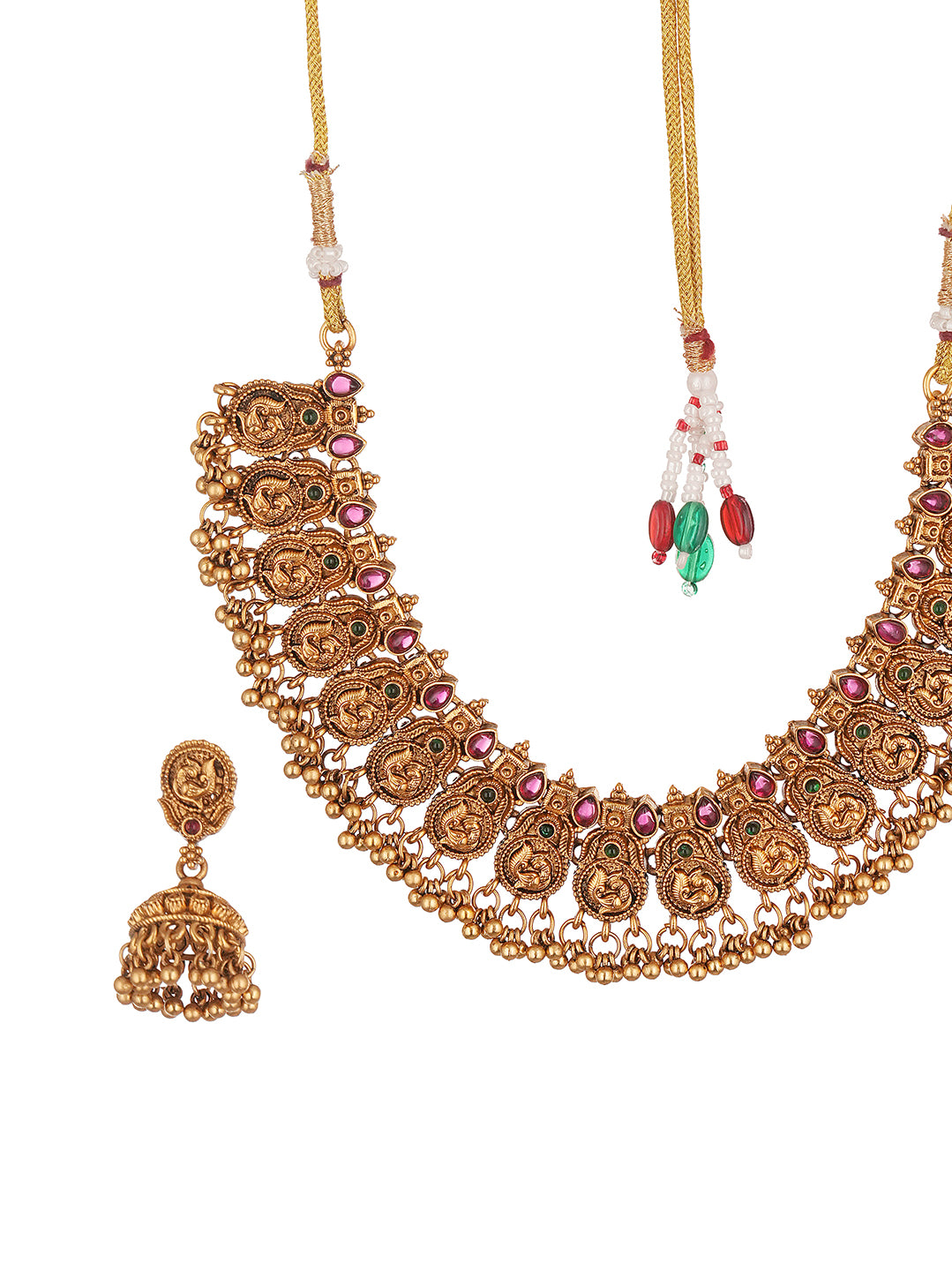 Antique Gold Plated Ruby Stone Temple Choker Necklace Set with Jhumka Earrings
