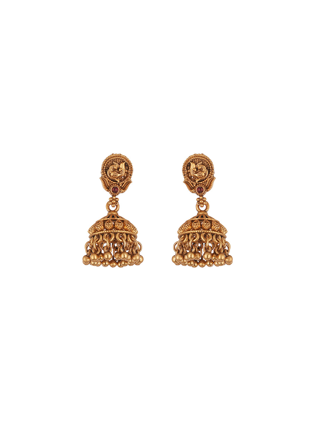 Antique Gold Plated Ruby Stone Temple Choker Necklace Set with Jhumka Earrings