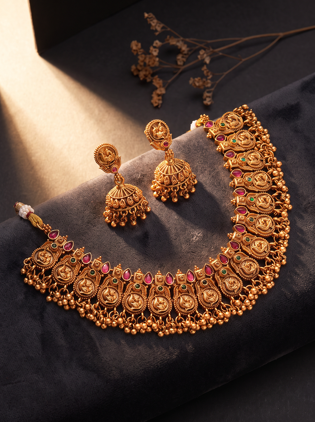 Antique Gold Plated Ruby Stone Temple Choker Necklace Set with Jhumka Earrings