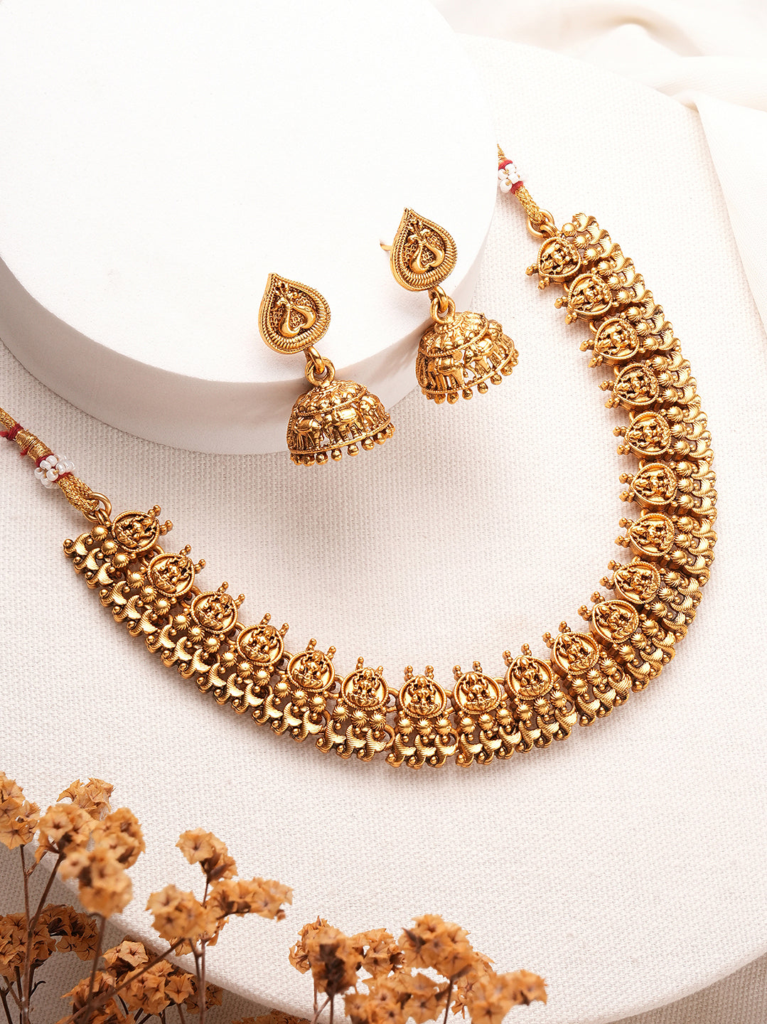 Antique gold temple choker necklace set with jhumka earrings