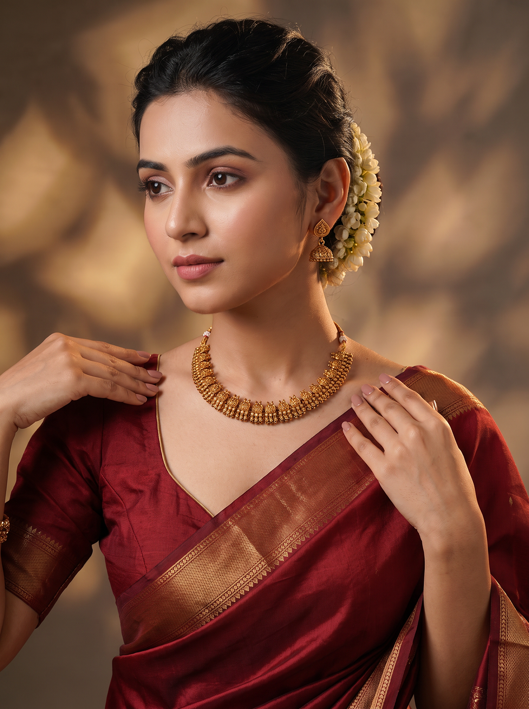 Antique Gold Plated Temple Choker Necklace Set with Jhumka Earrings