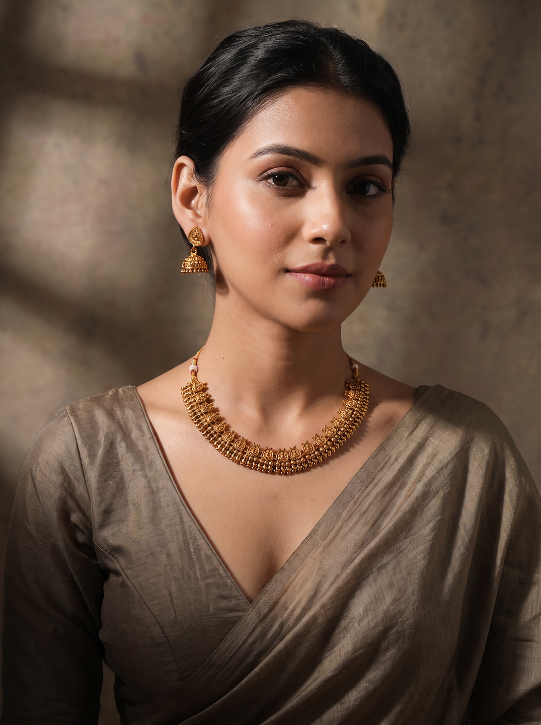 Antique Gold Plated Temple Choker Necklace Set with Jhumka Earrings