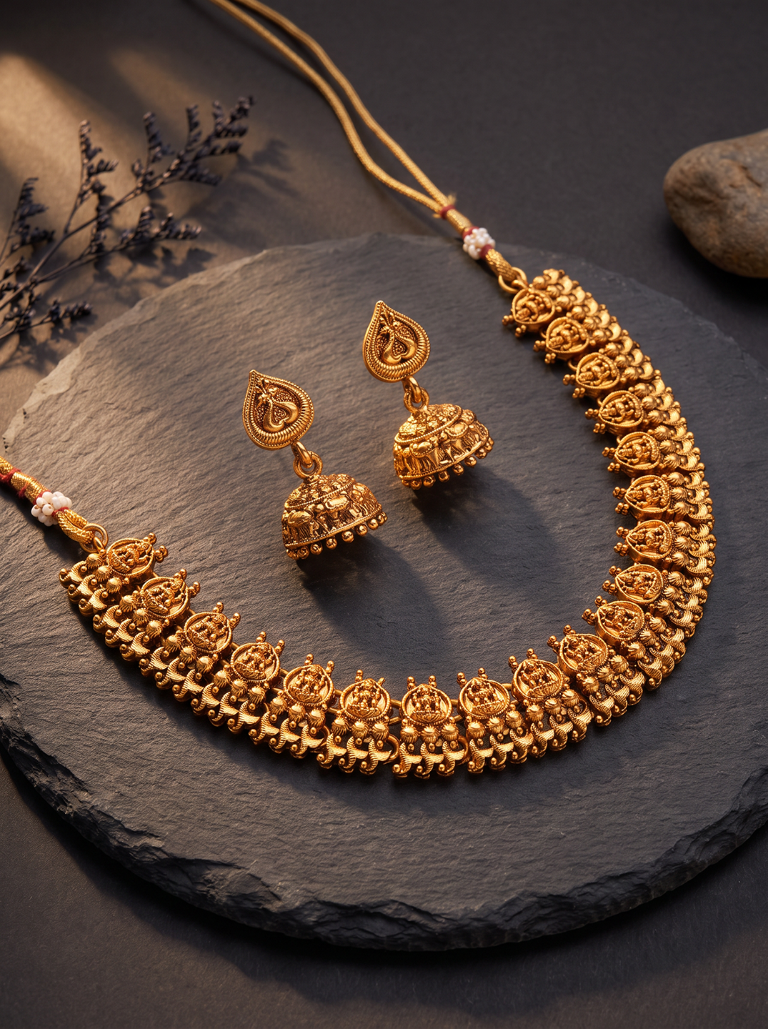 Antique Gold Plated Temple Choker Necklace Set with Jhumka Earrings