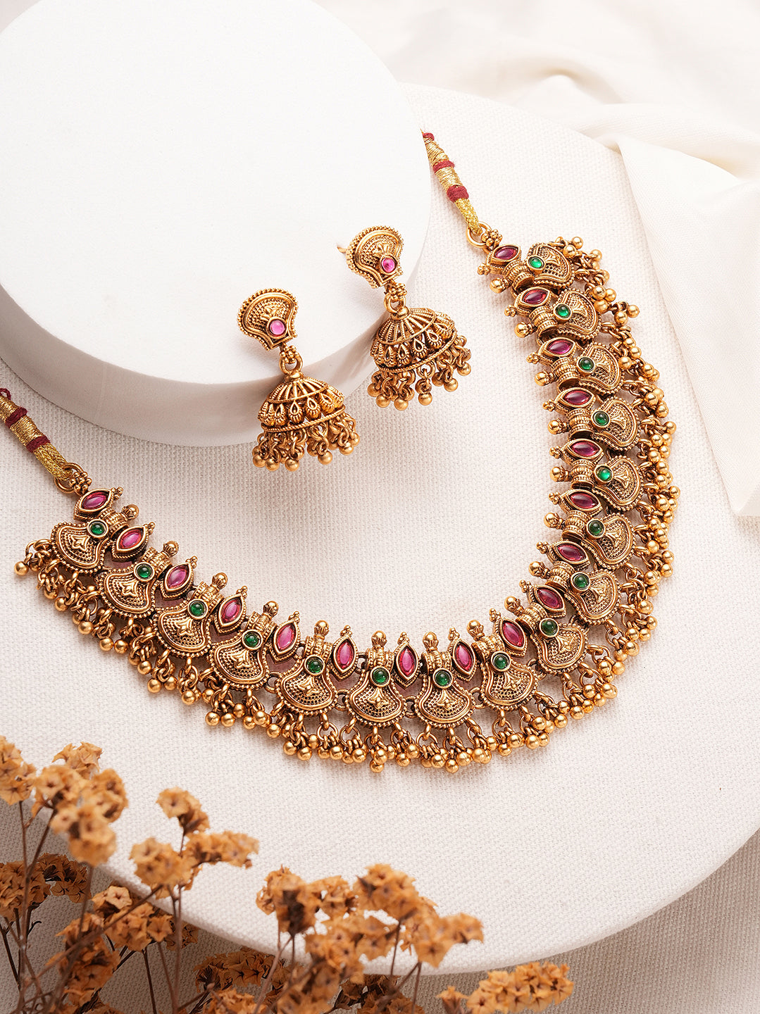 Antique gold ruby green stone temple necklace set with jhumka earrings