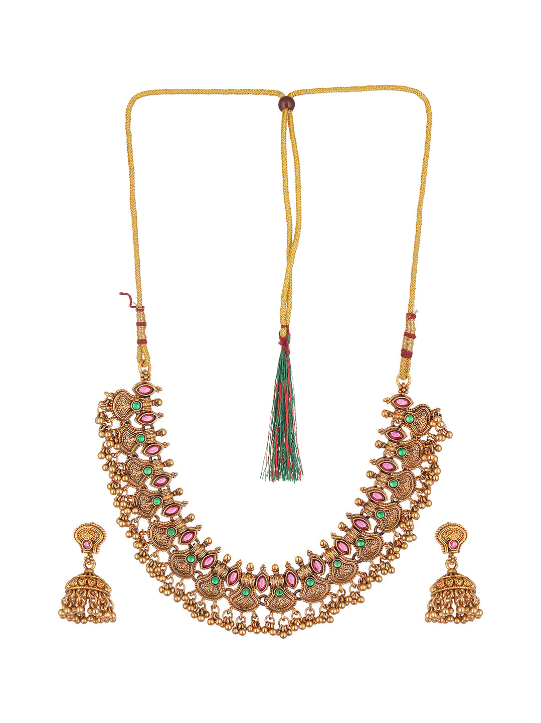 Antique Gold Plated Ruby Green Stone Temple Necklace Set with Jhumka Earrings