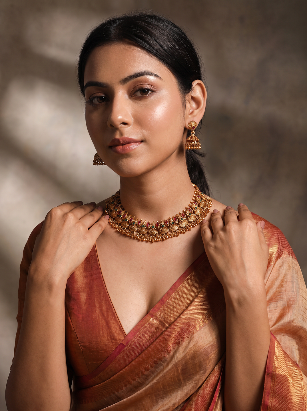 Antique Gold Plated Ruby Green Stone Temple Necklace Set with Jhumka Earrings