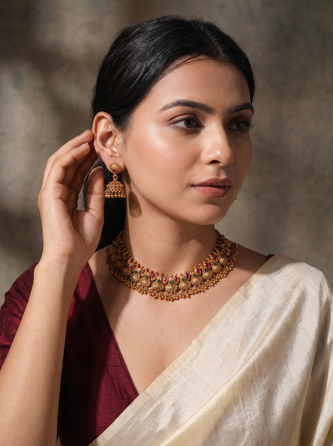 Antique Gold Plated Ruby Green Stone Temple Necklace Set with Jhumka Earrings