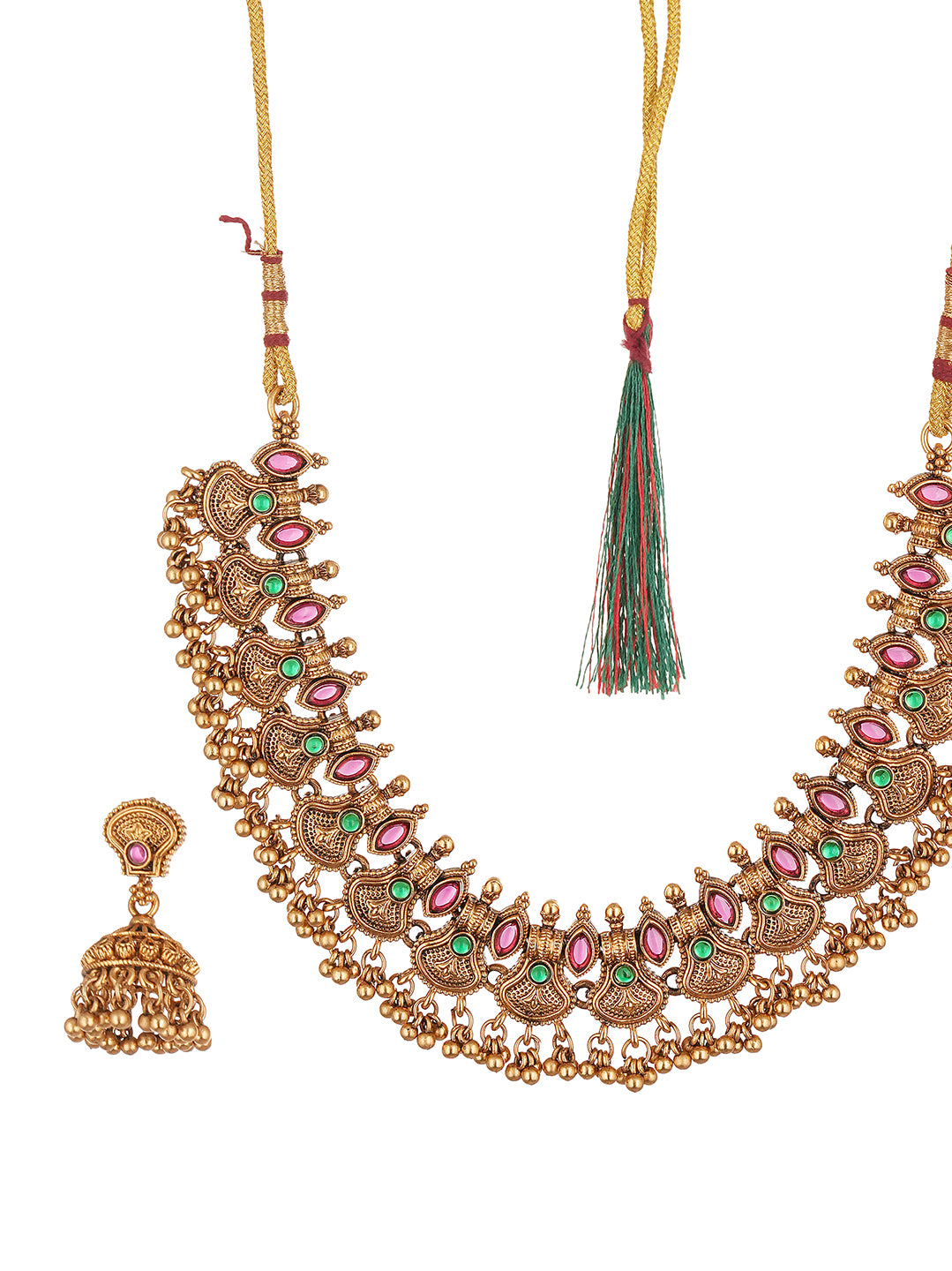 Antique Gold Plated Ruby Green Stone Temple Necklace Set with Jhumka Earrings