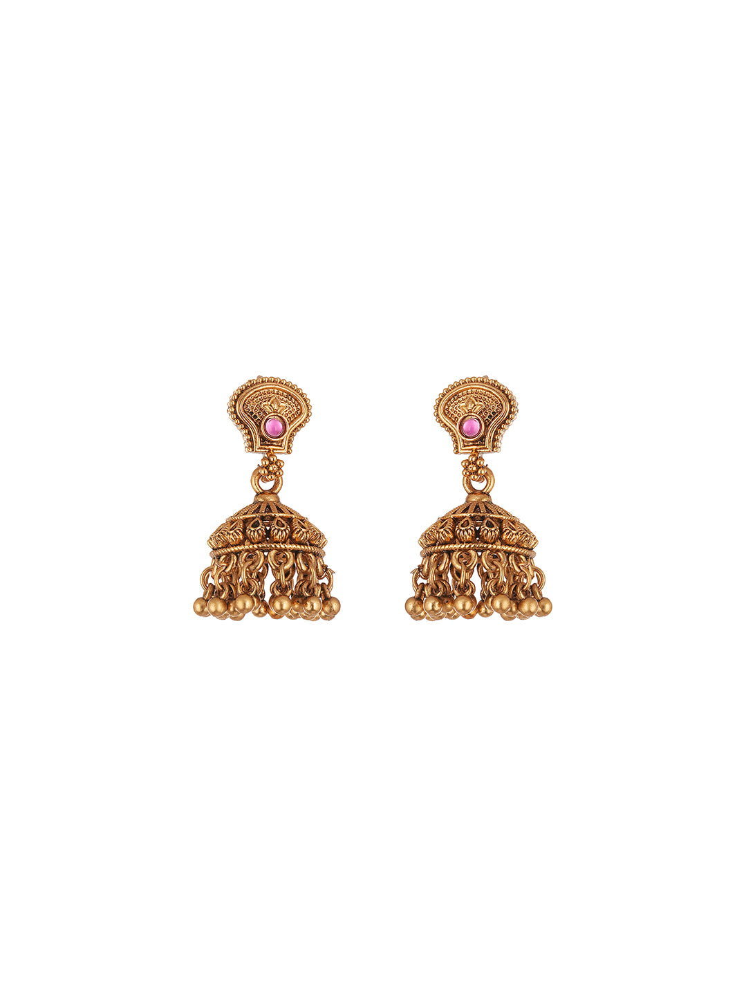 Antique Gold Plated Ruby Green Stone Temple Necklace Set with Jhumka Earrings