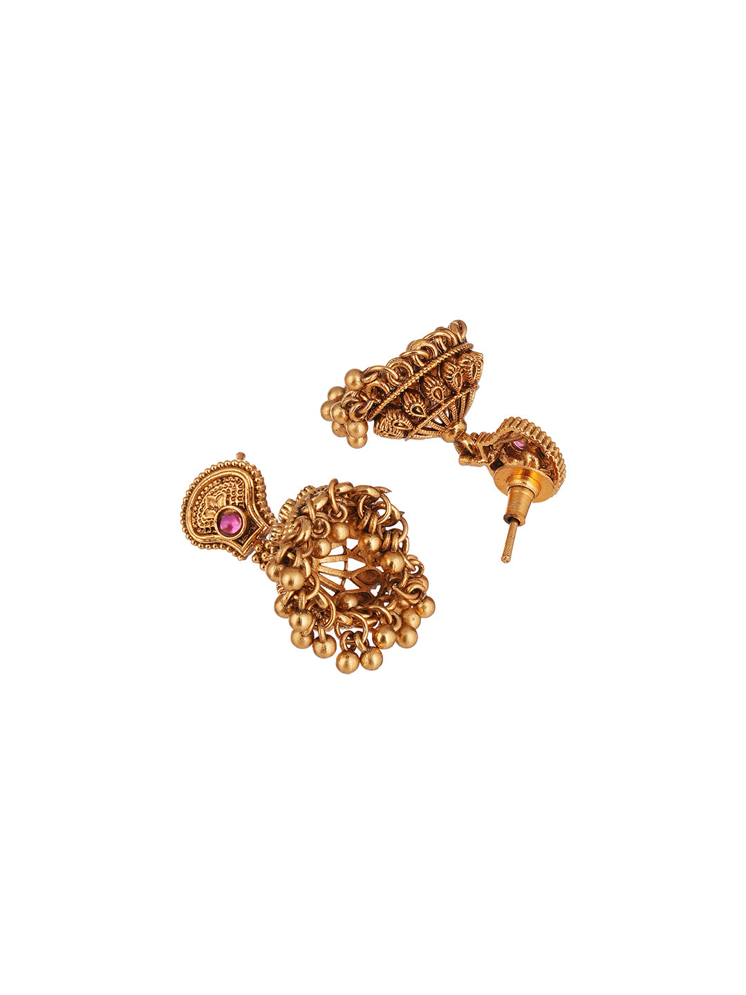 Antique Gold Plated Ruby Green Stone Temple Necklace Set with Jhumka Earrings