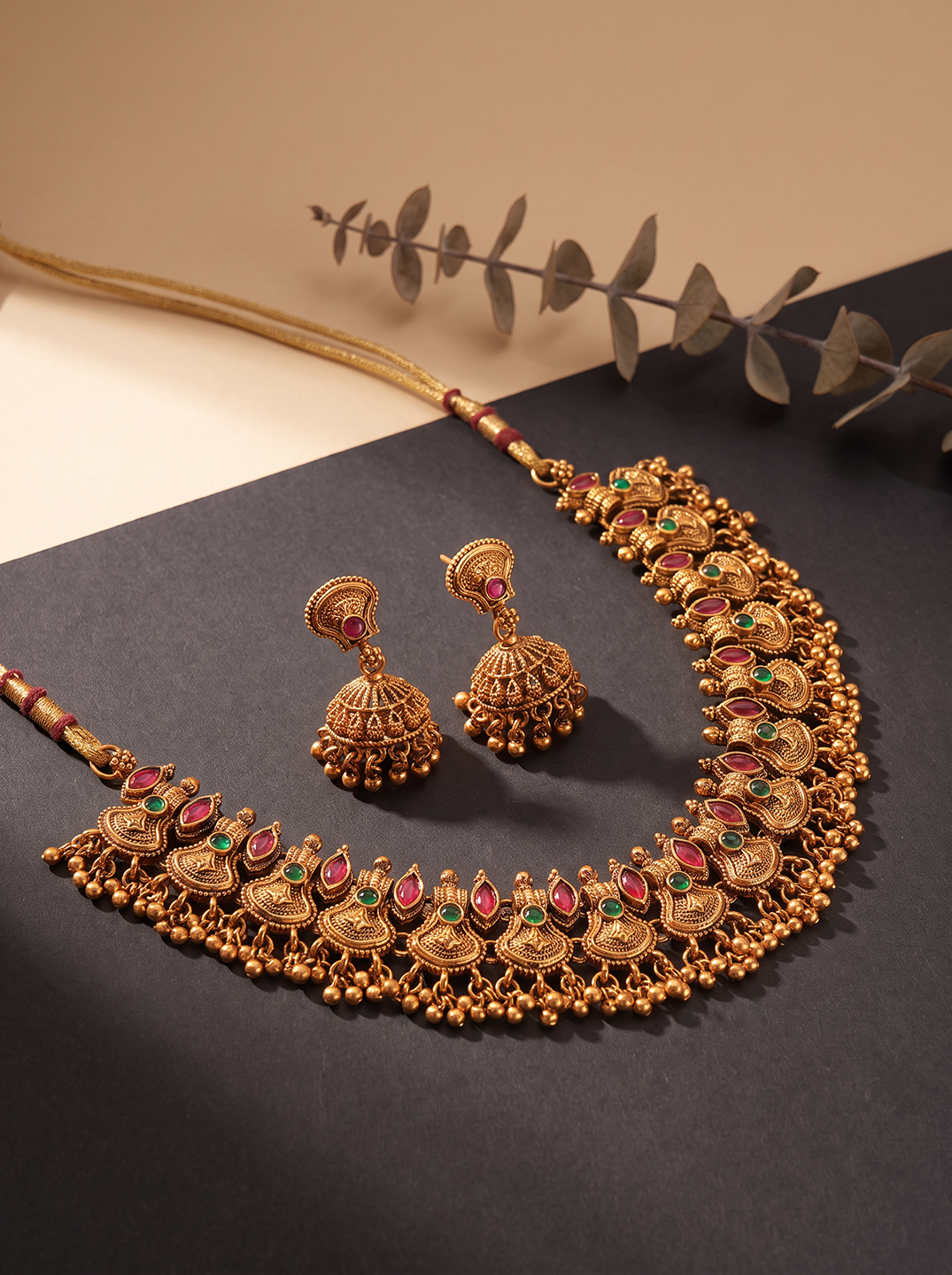 Antique Gold Plated Ruby Green Stone Temple Necklace Set with Jhumka Earrings