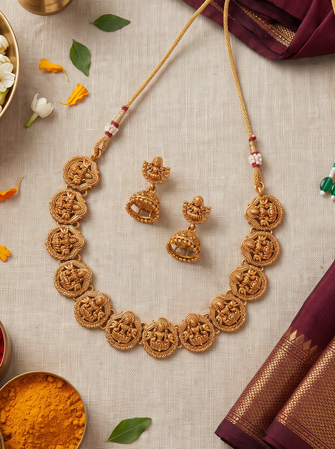 Antique gold Lakshmi coin temple necklace set with jhumka earrings