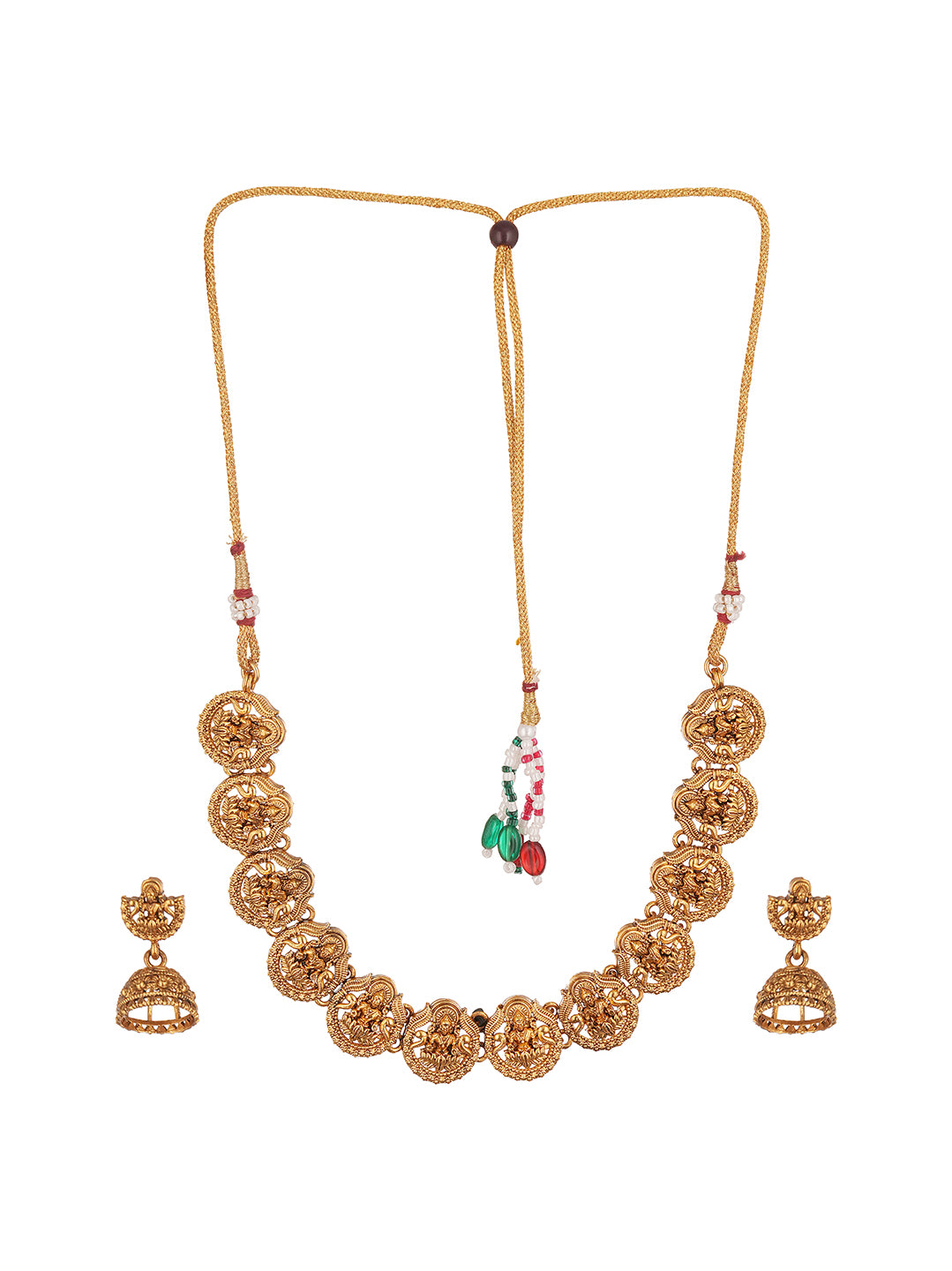 Antique Gold Plated Lakshmi Coin Temple Necklace Set with Jhumka Earrings