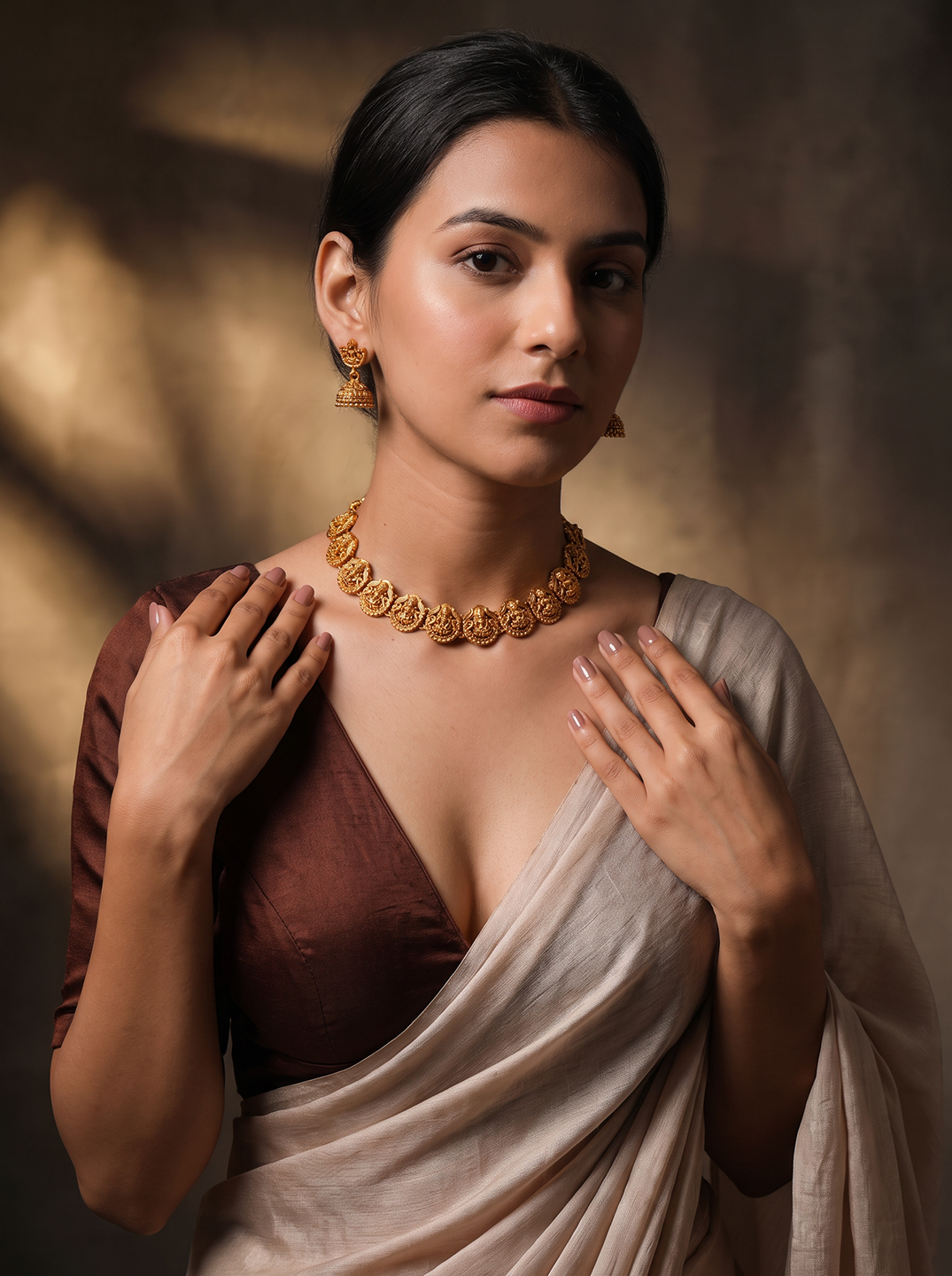 Antique Gold Plated Lakshmi Coin Temple Necklace Set with Jhumka Earrings