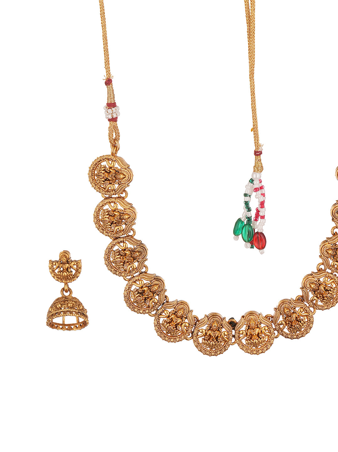 Antique Gold Plated Lakshmi Coin Temple Necklace Set with Jhumka Earrings