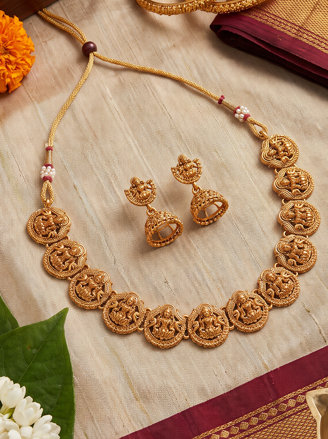 Antique Gold Plated Lakshmi Coin Temple Necklace Set with Jhumka Earrings