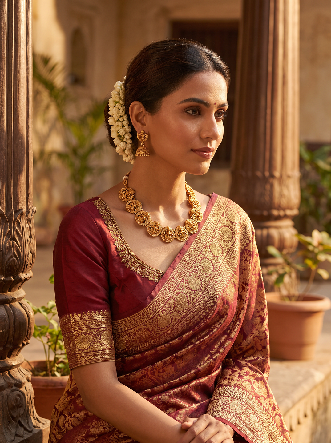 Antique Gold Plated Lakshmi Coin Temple Necklace Set with Jhumka Earrings