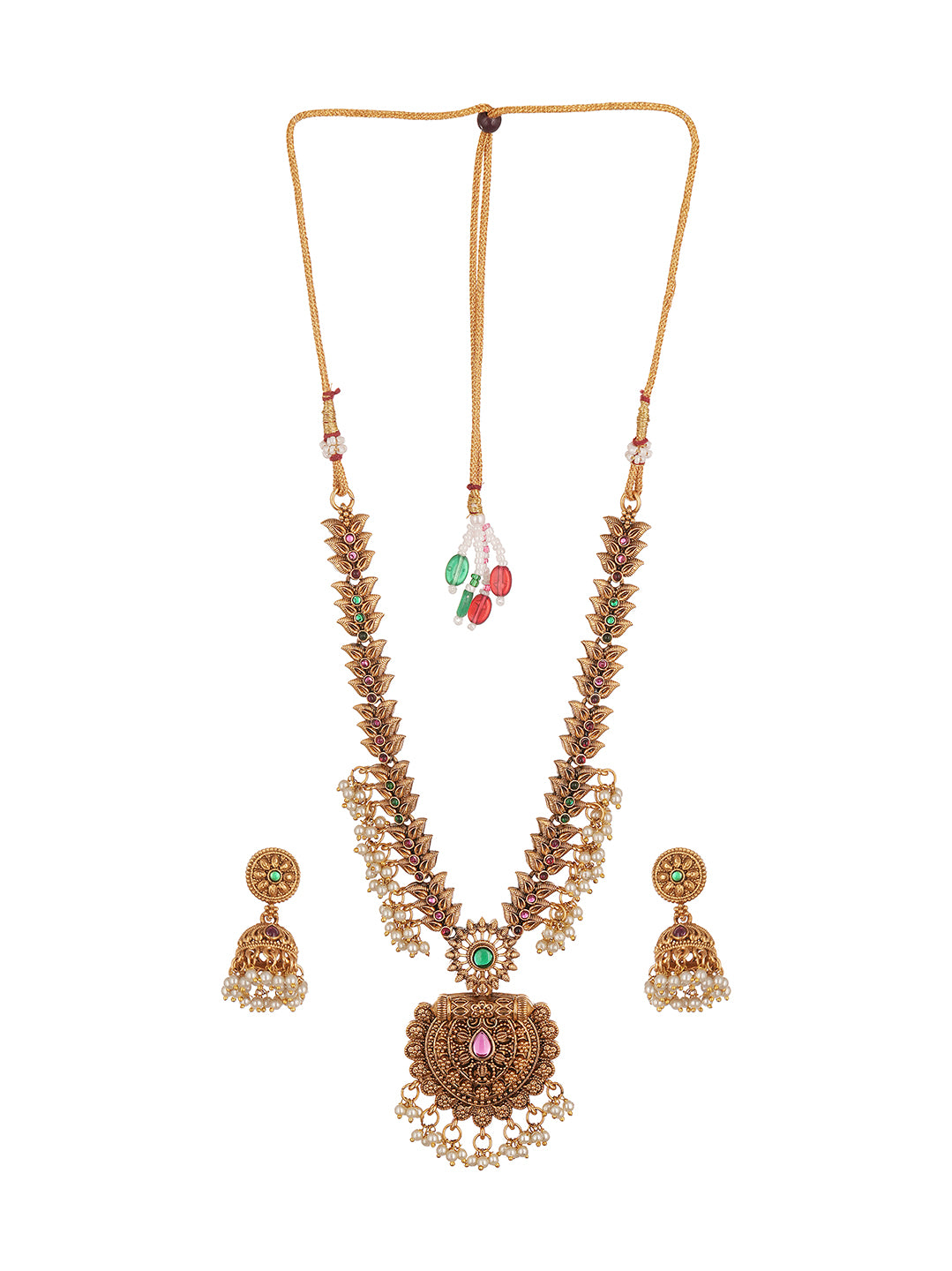 Antique Gold Plated Lakshmi Pendant Long Haar Necklace Set with Pearl Drops