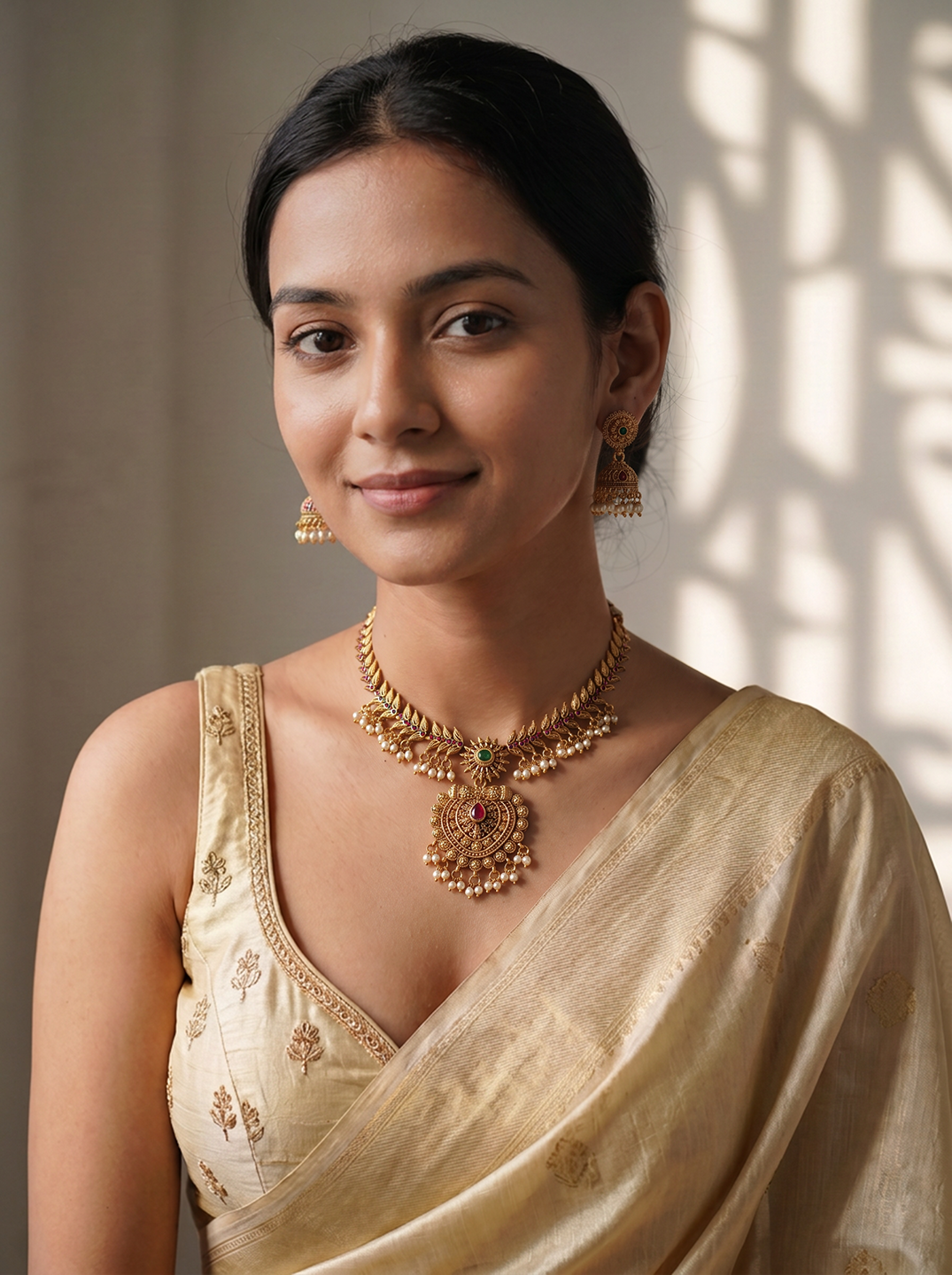 Antique Gold Plated Lakshmi Pendant Long Haar Necklace Set with Pearl Drops