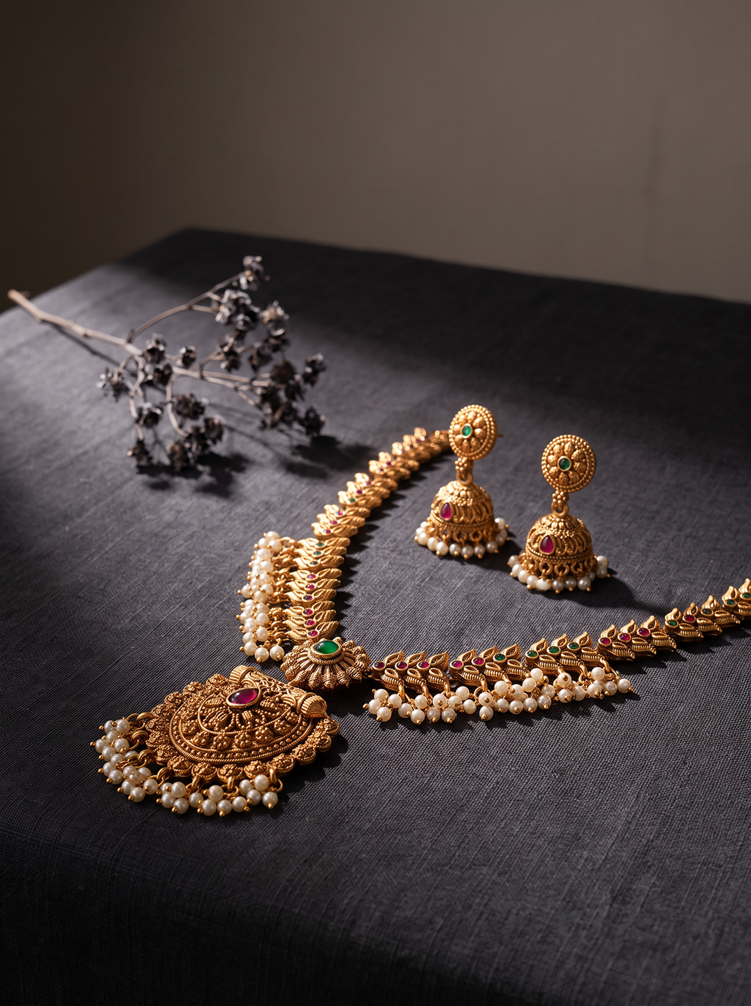 Antique Gold Plated Lakshmi Pendant Long Haar Necklace Set with Pearl Drops