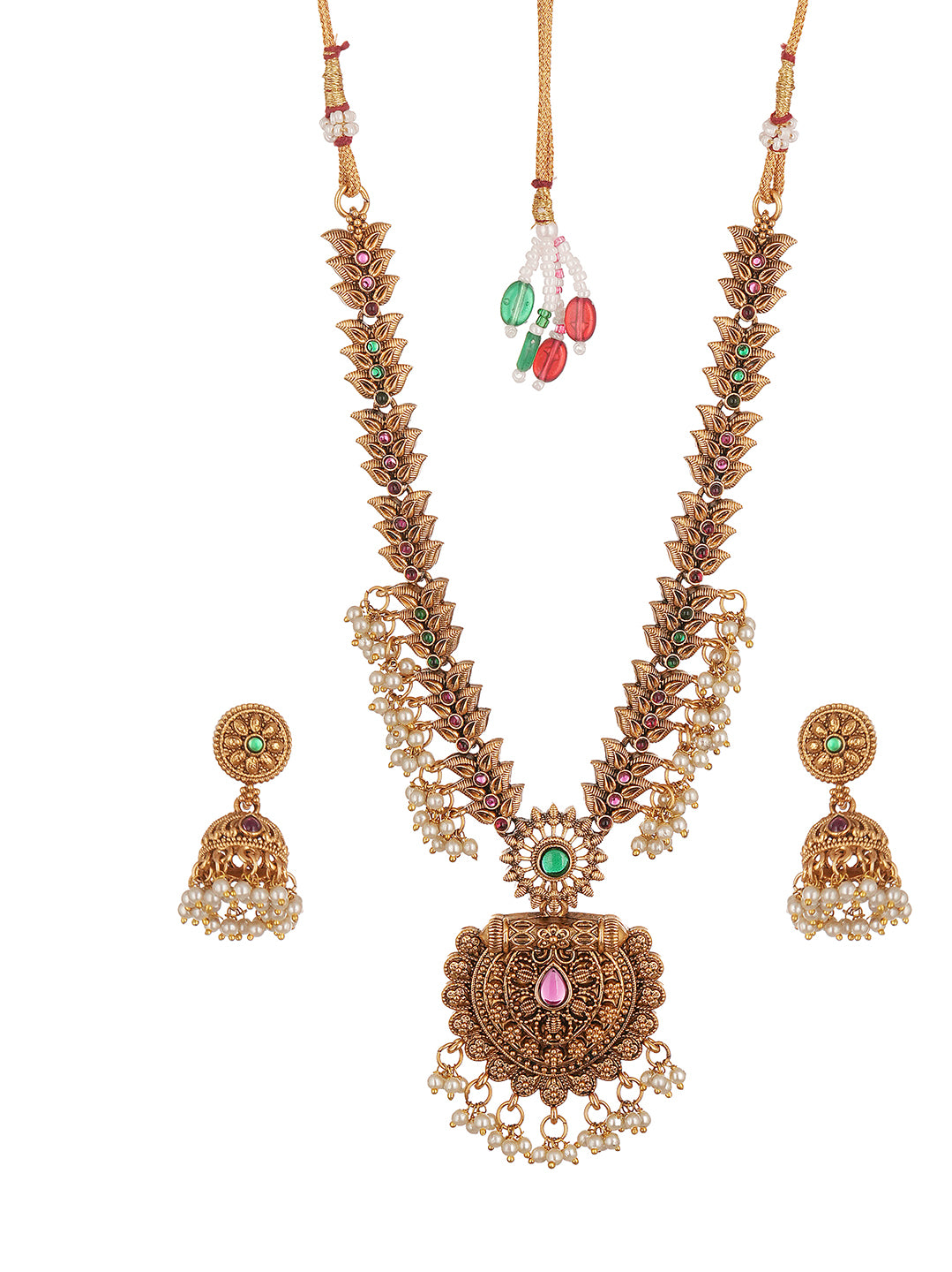 Antique Gold Plated Lakshmi Pendant Long Haar Necklace Set with Pearl Drops
