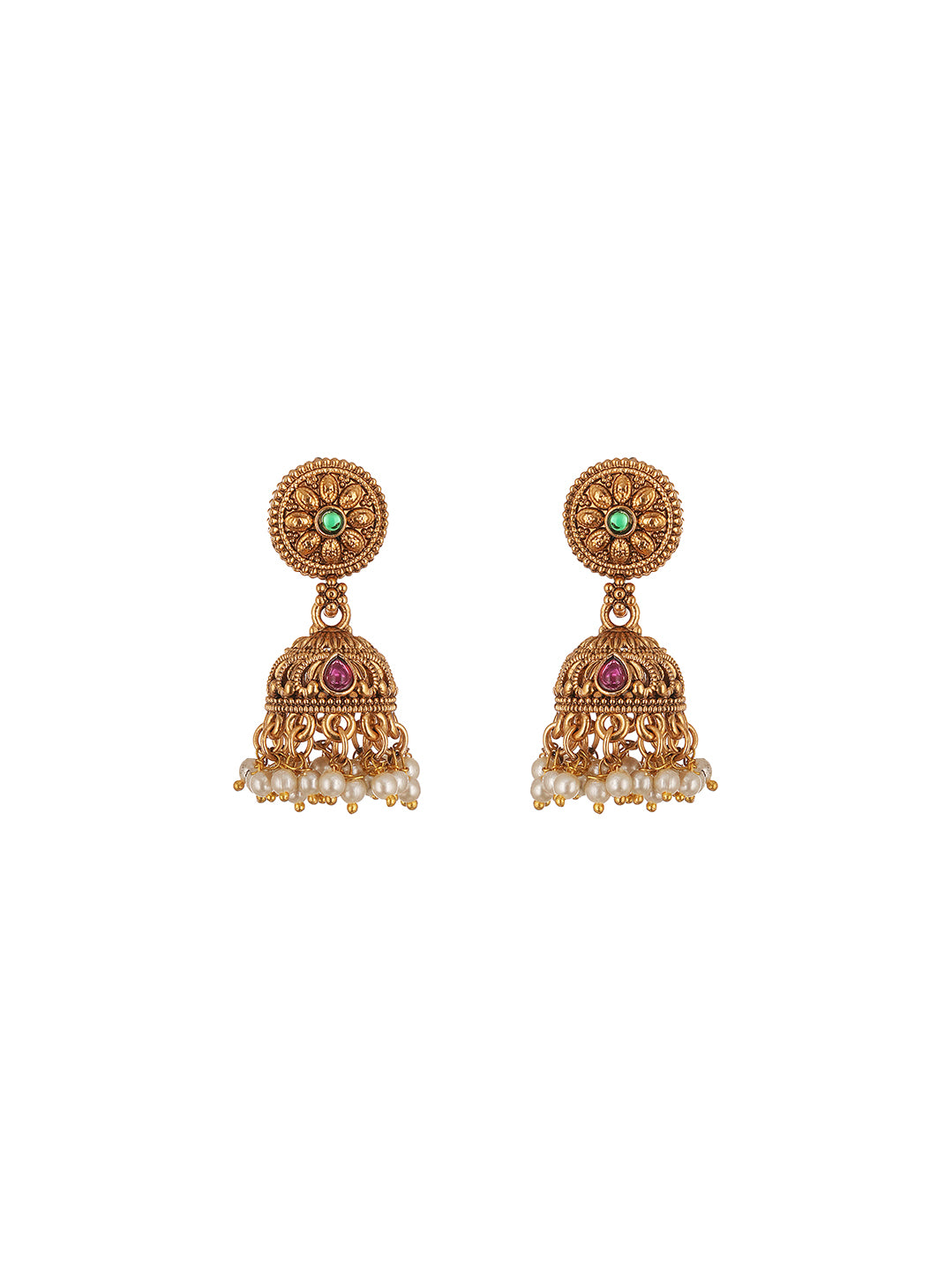 Antique Gold Plated Lakshmi Pendant Long Haar Necklace Set with Pearl Drops