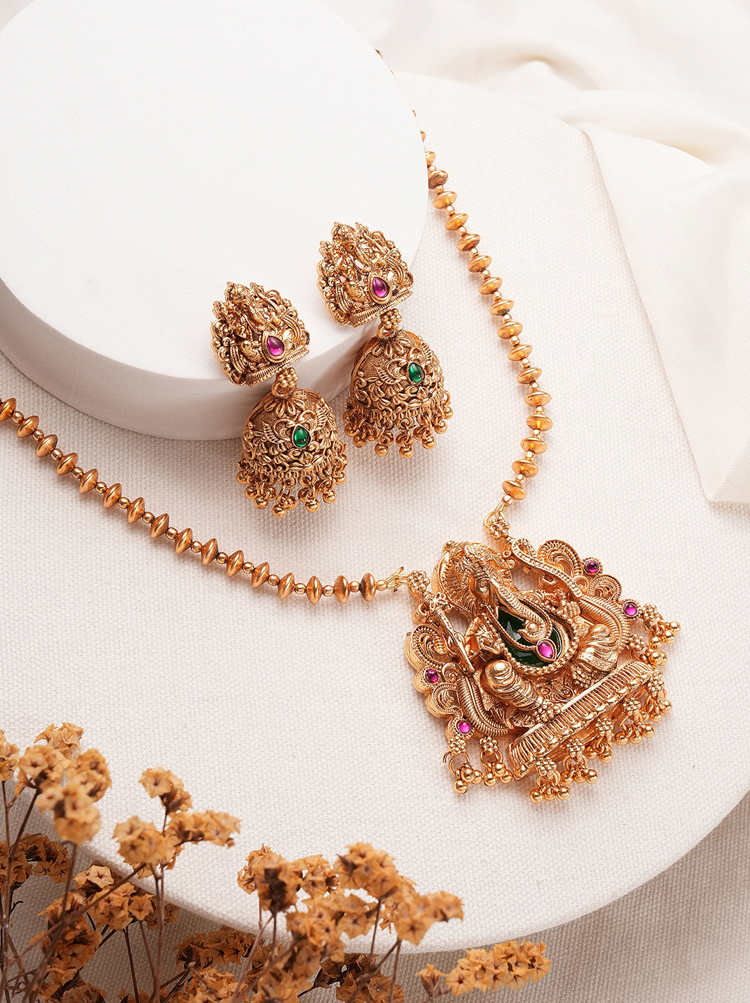 Antique gold Lakshmi temple pendant long necklace set with jhumka earrings