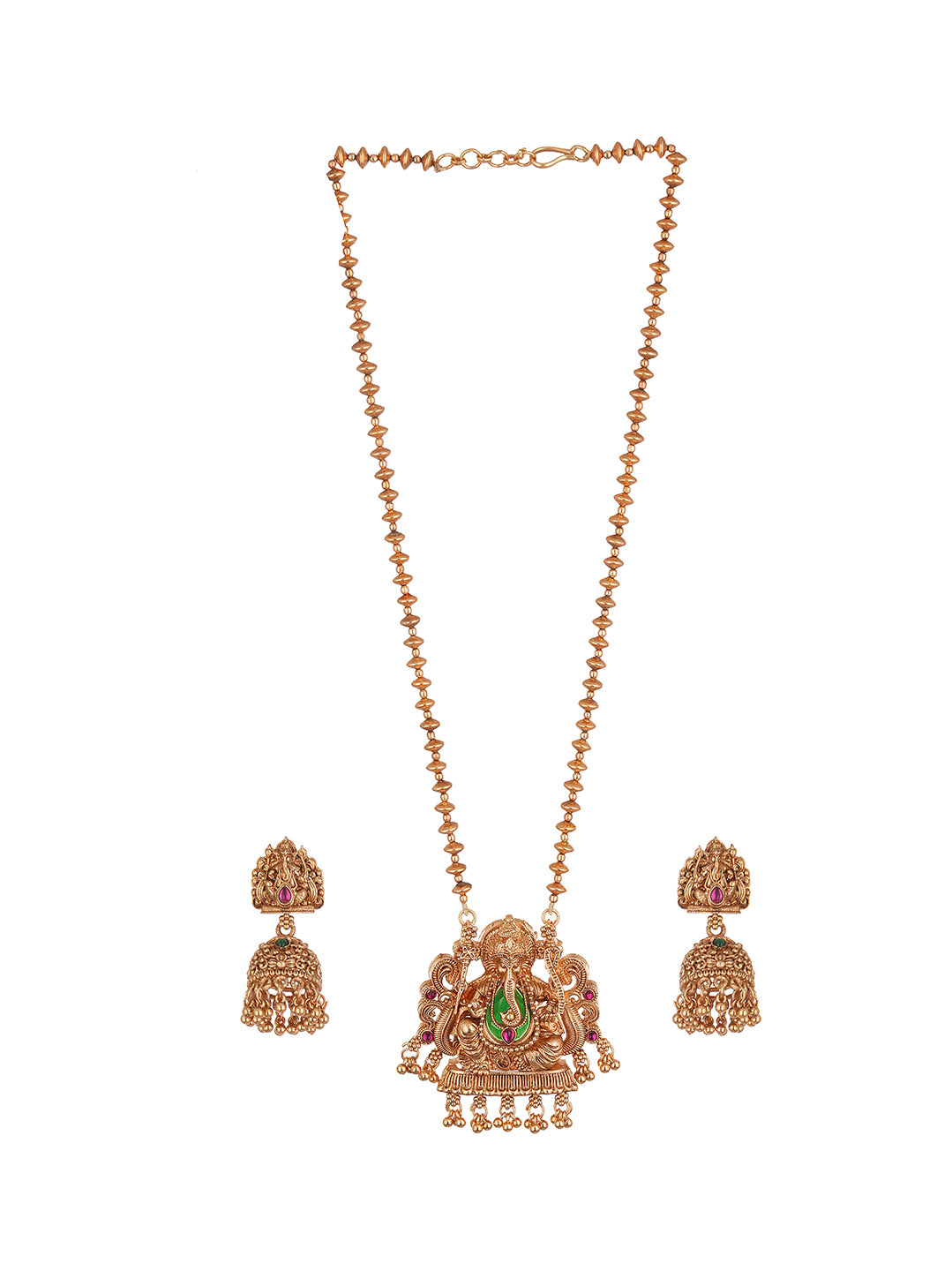 Antique Gold Plated Lakshmi Temple Pendant Long Necklace Set with Jhumka Earrings