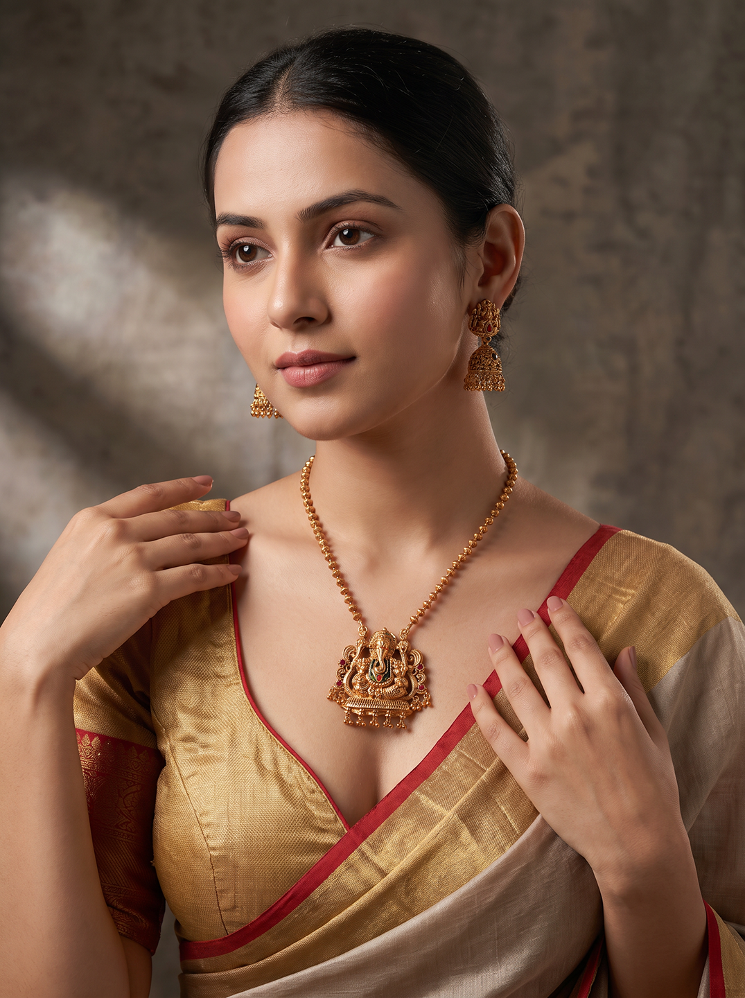 Antique Gold Plated Lakshmi Temple Pendant Long Necklace Set with Jhumka Earrings